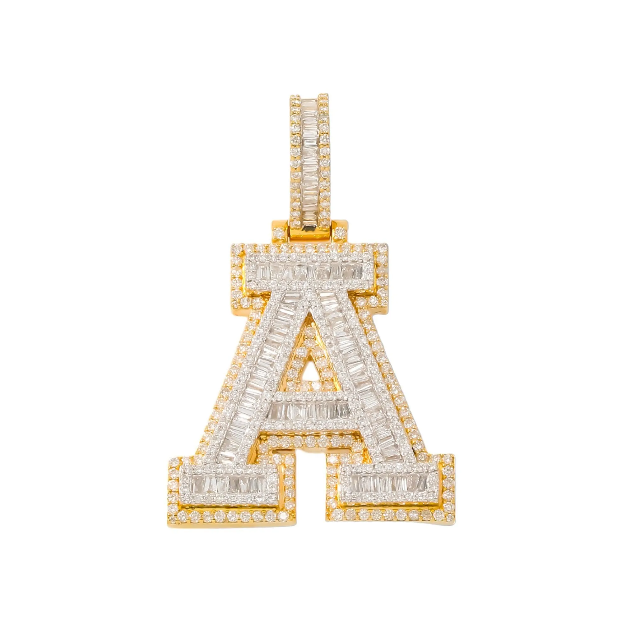 10K GOLD BAGUTTE AND ROUND DIAMOND INITIAL LETTER A PENDANT 2.96 CT