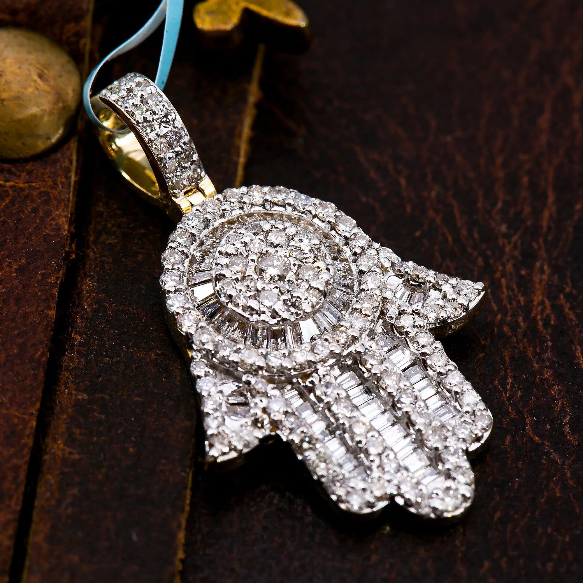 10K GOLD HAMSA PENDANT WITH 2.50 CT BAGUETTE DIAMONDS