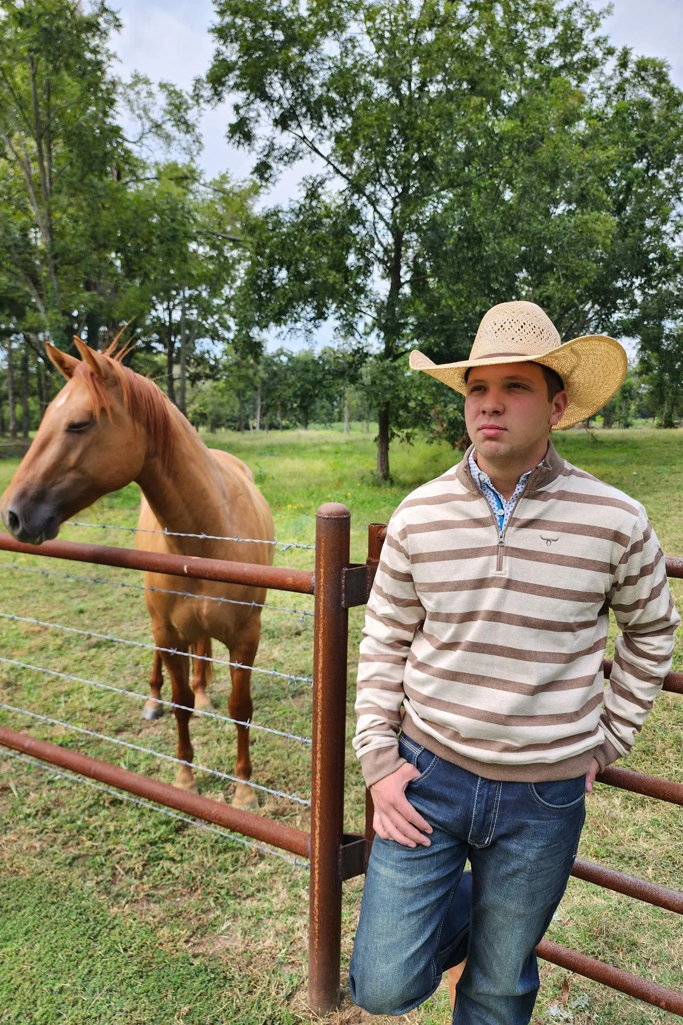 1/4 Zip Pullover - Striped - Oatmeal and Khaki Brown