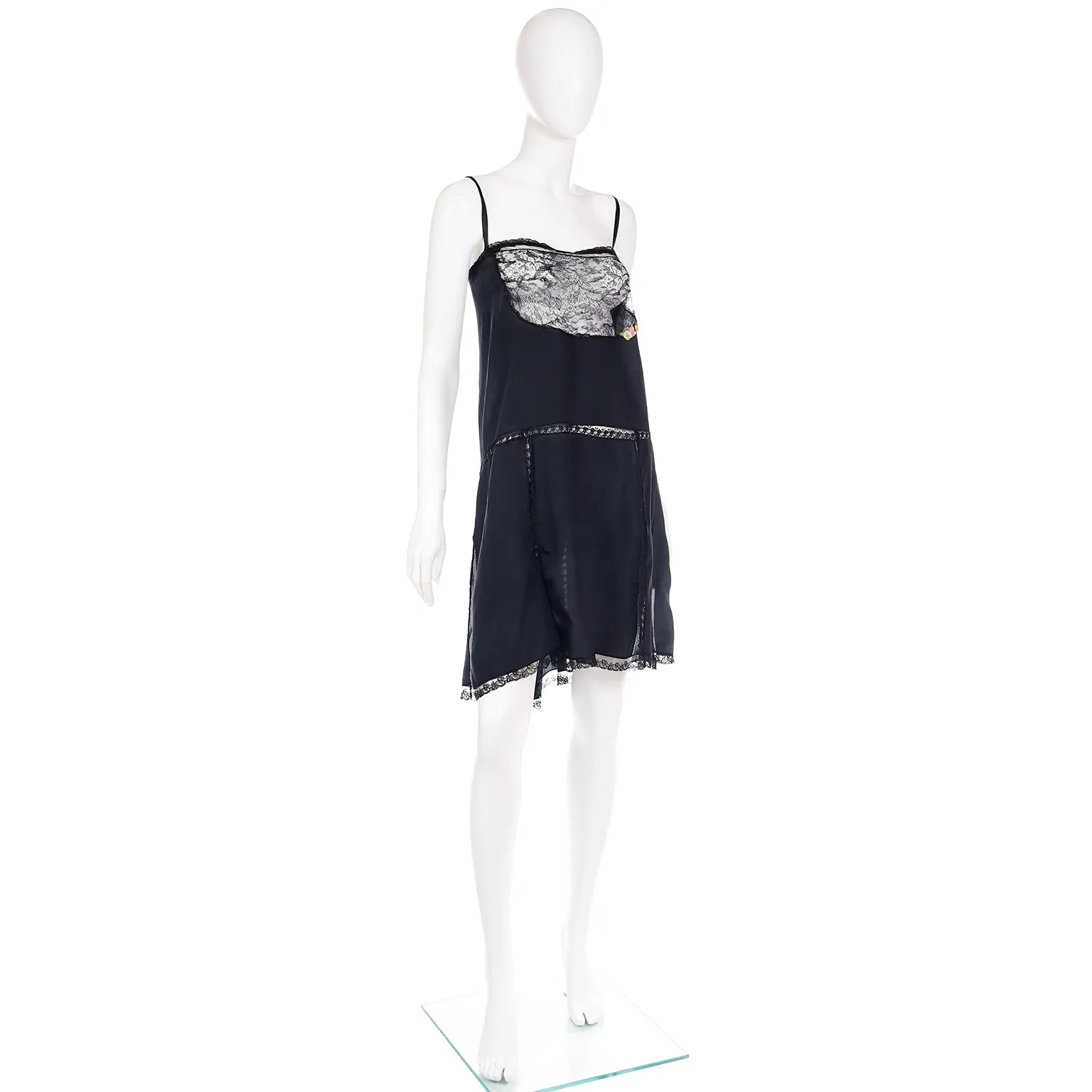 1920s Flapper Black Chemise Teddy Slip or Dress With Lace Bodice