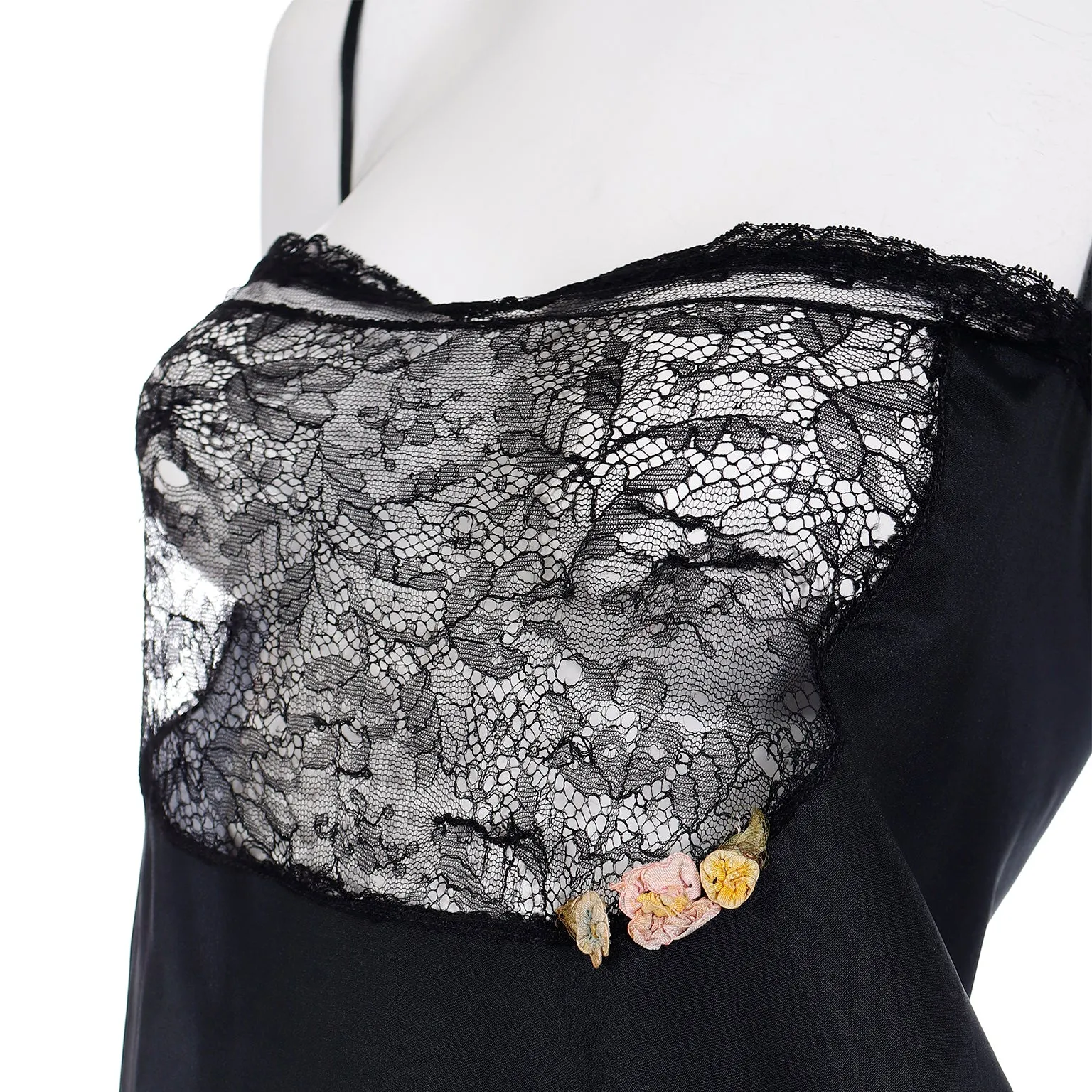 1920s Flapper Black Chemise Teddy Slip or Dress With Lace Bodice