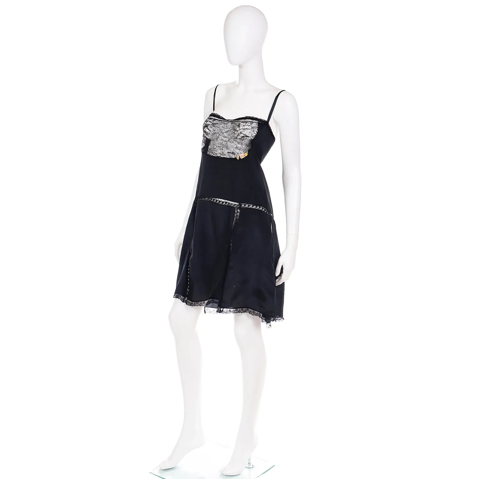 1920s Flapper Black Chemise Teddy Slip or Dress With Lace Bodice