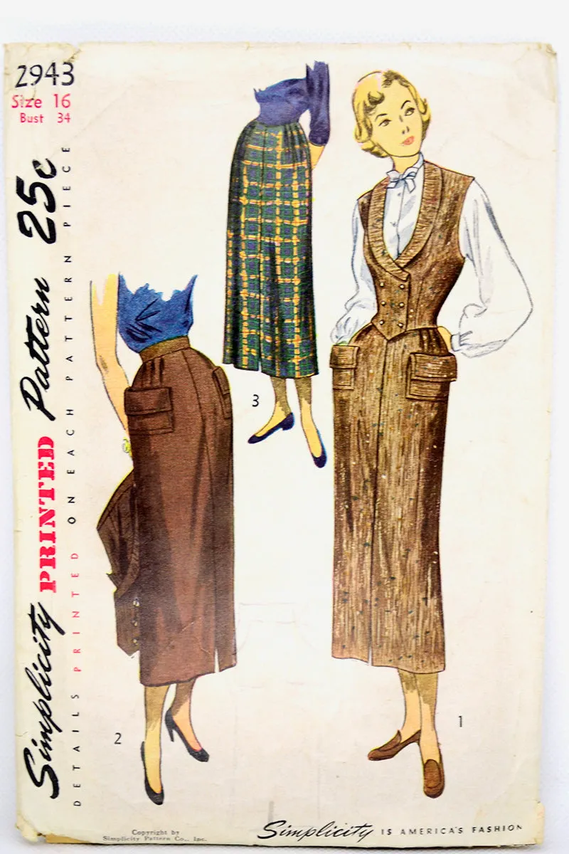 1949 Vintage Sewing Pattern Simplicity 2943 Skirt & Weskit