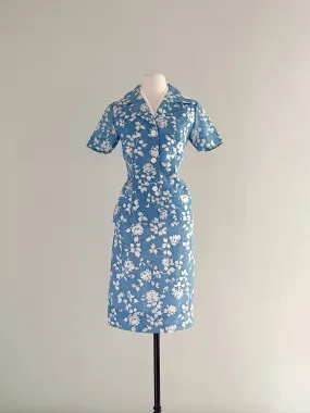 1960's Bouquet Blue and Ivory Rose Printed Set / Sz XS/S