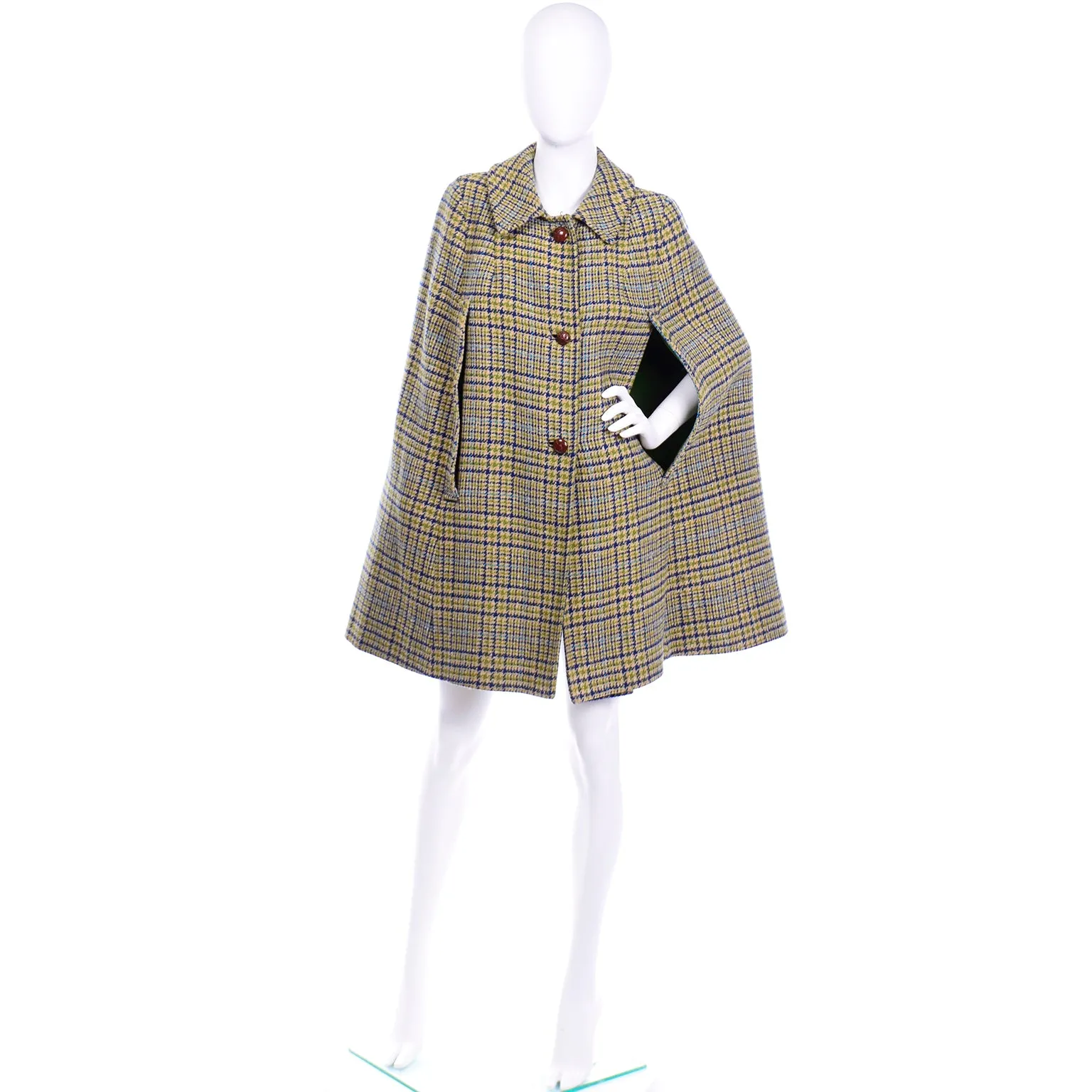 1960s Vintage Green and Blue Plaid Cape With Green LIning