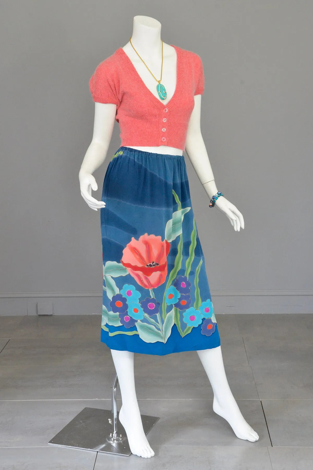 1970s Hand Dyed Painted Poppy Floral Print Silk Skirt