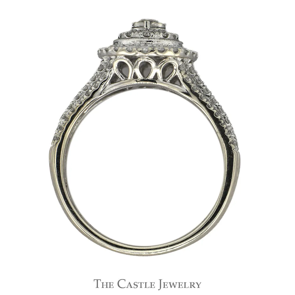 1cttw Oval Shaped Diamond Cluster Engagement Ring with Diamond Accented Split Shank Sides in 10k White Gold