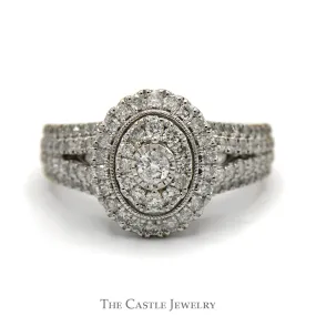 1cttw Oval Shaped Diamond Cluster Engagement Ring with Diamond Accented Split Shank Sides in 10k White Gold