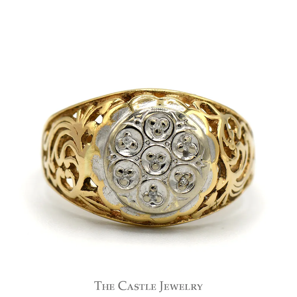 7 Diamond Kentucky Cluster Ring with Open Filigree Sides in 10k Yellow Gold