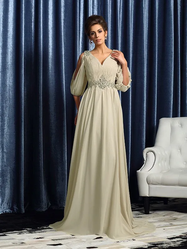 A-Line Chiffon V-neck 1/2 Sleeves Court Train With Beading Mother of the Bride Dresses