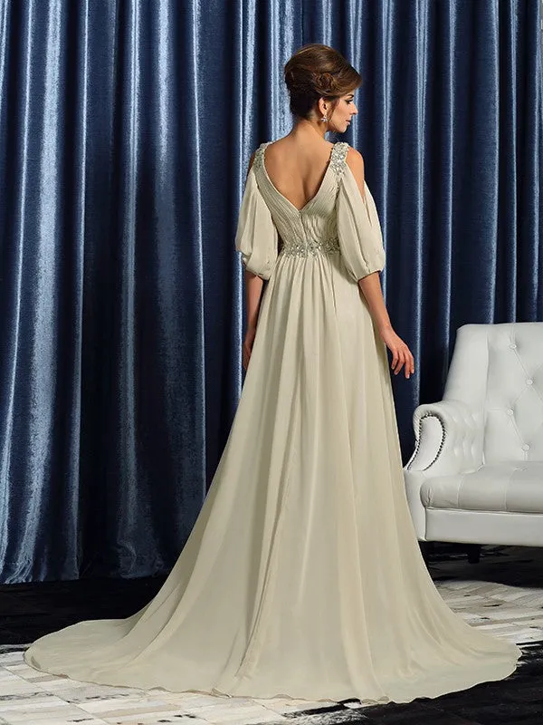 A-Line Chiffon V-neck 1/2 Sleeves Court Train With Beading Mother of the Bride Dresses