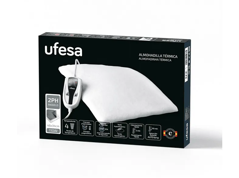 Almohadilla eléctrica - Ufesa 2PH, 100 W, 4 Niveles, Apagado automático, Dolores musculares, Blanco