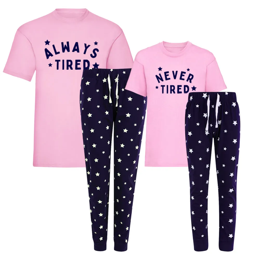 Always Tired/Never Tired Mum & Kid Matching Star Pyjamas - Pink/Navy