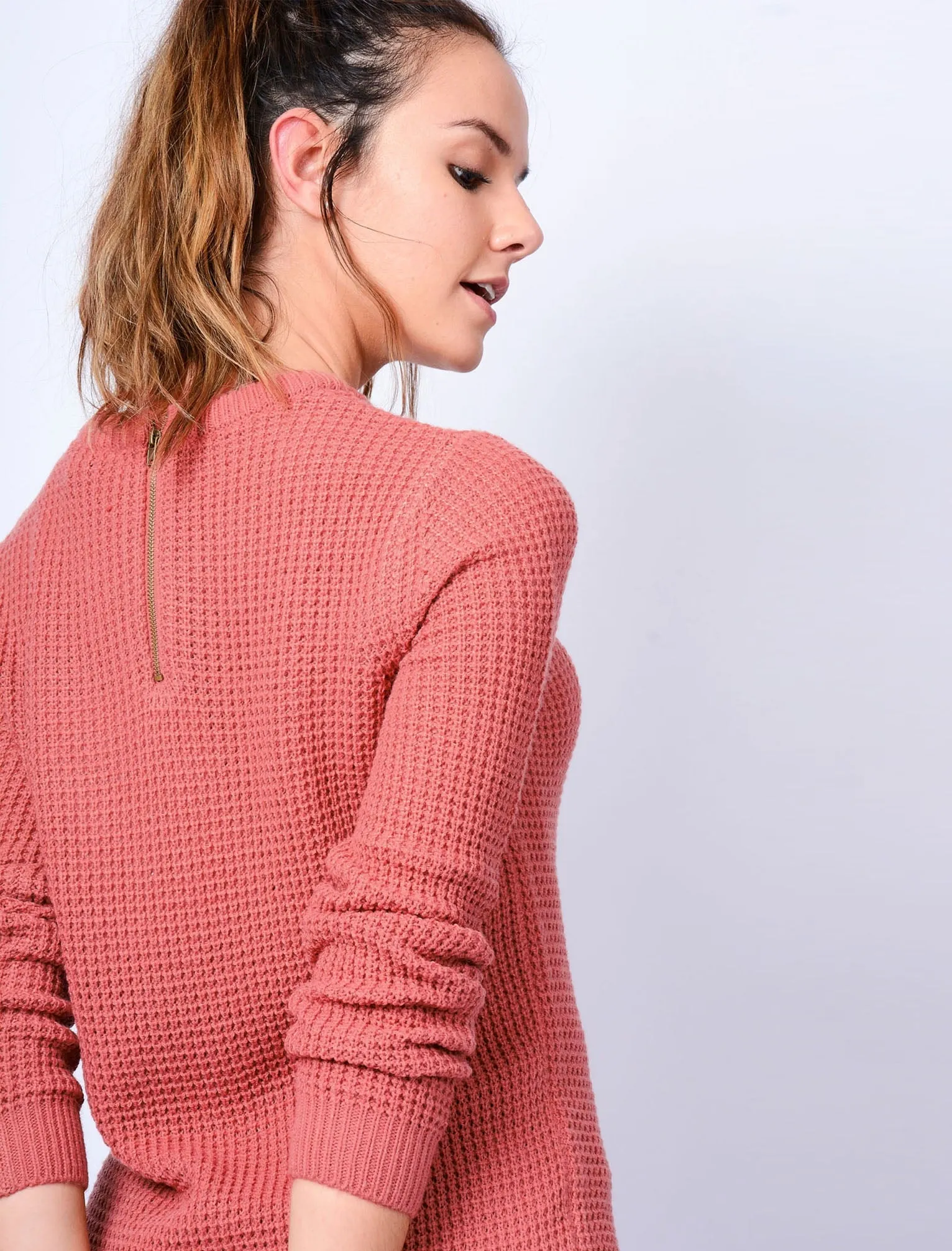 Ar Hockney Crew Neck Jumper with Curved Hem in Canyon Rose - Amara Reya