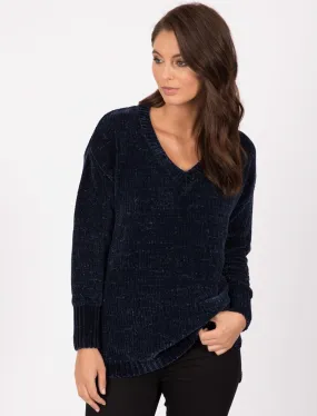 Aria V Neck Chenille Knitted Jumper in Navy - Tokyo Laundry