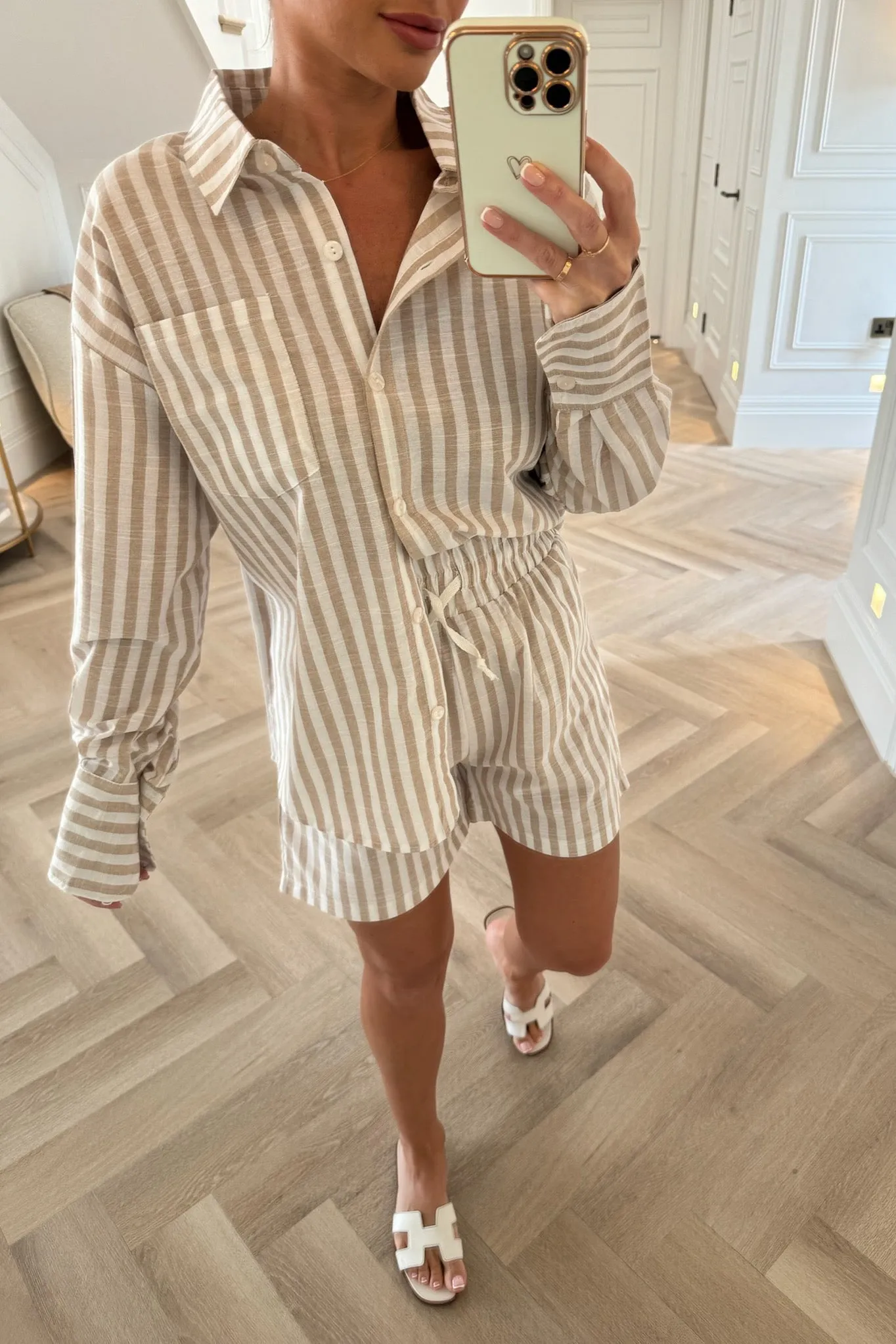 BEIGE STRIPE SHIRT AND SHORTS CO-ORD