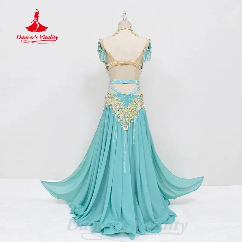 Belly Dancing Outfit Women Customized Pearl Tassel Bra Luxury Diamond Split Long Skirt 2pcs Oriental Dance Performance Costumes