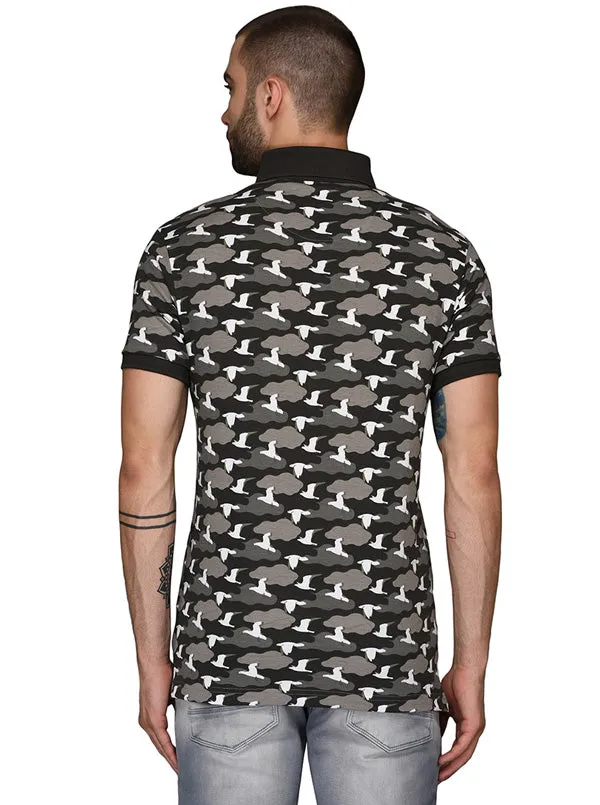 Black & Grey Printed Slim Fit Polo T-Shirt | JadeBlue