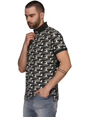 Black & Grey Printed Slim Fit Polo T-Shirt | JadeBlue