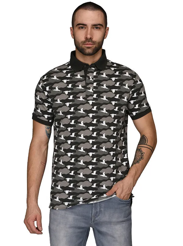 Black & Grey Printed Slim Fit Polo T-Shirt | JadeBlue