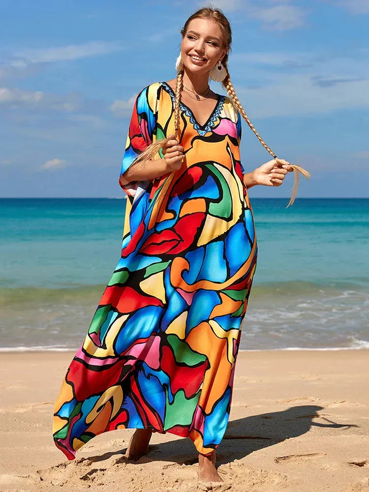 Bohemian Print Multicolor Beach Style Kaftan Maxi Dress - Swimsuit Cover-Up 2024