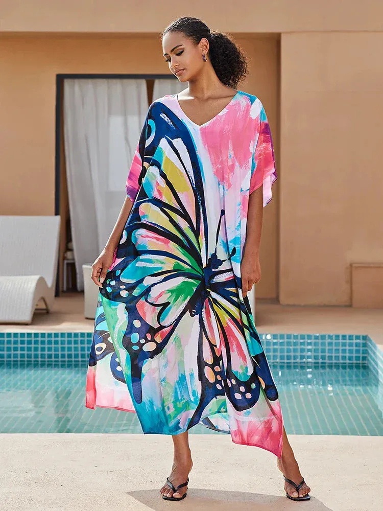 Bohemian Print Multicolor Beach Style Kaftan Maxi Dress - Swimsuit Cover-Up 2024