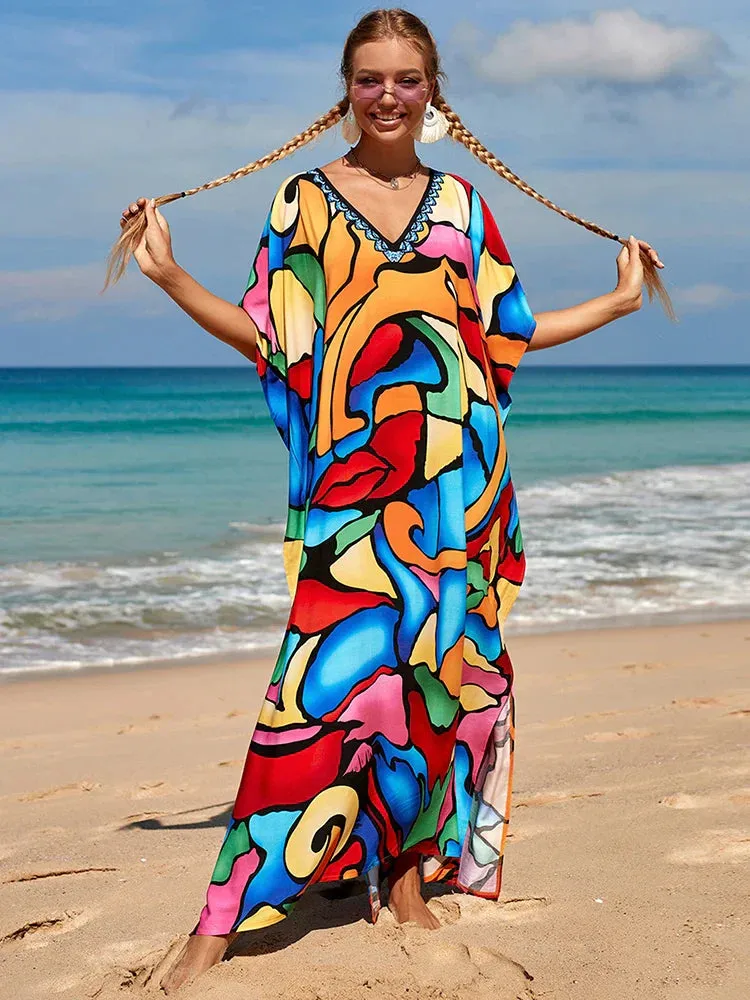 Bohemian Print Multicolor Beach Style Kaftan Maxi Dress - Swimsuit Cover-Up 2024