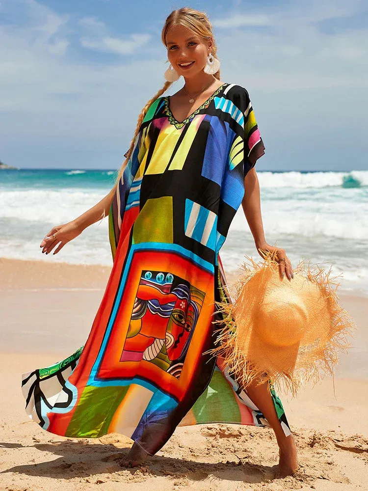 Bohemian Print Multicolor Beach Style Kaftan Maxi Dress - Swimsuit Cover-Up 2024