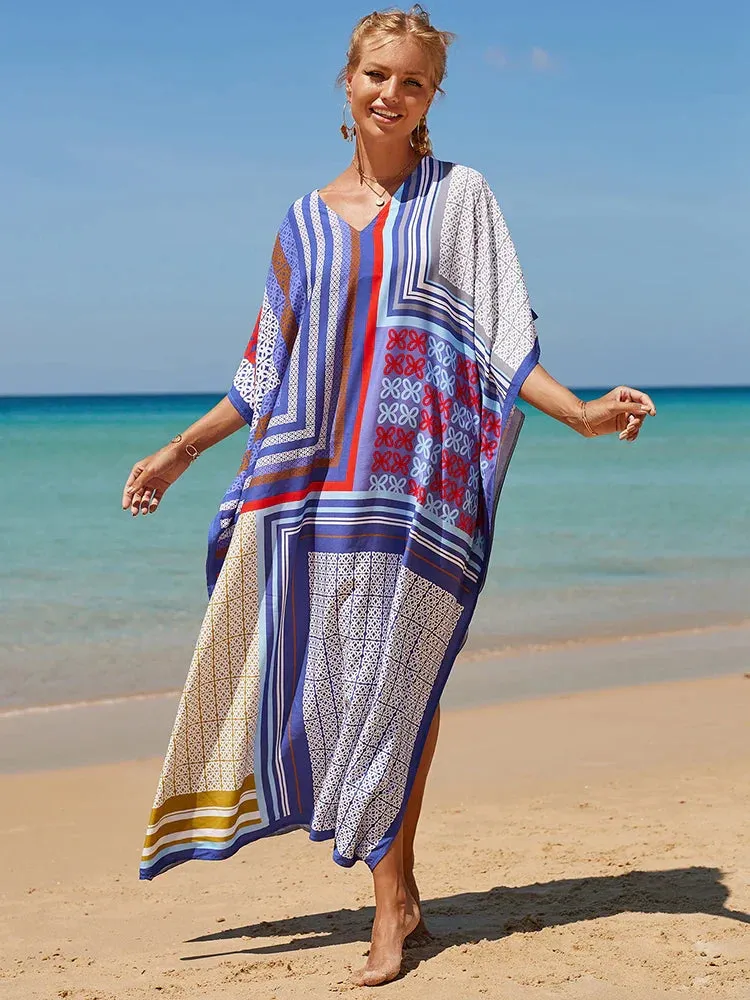 Bohemian Print Multicolor Beach Style Kaftan Maxi Dress - Swimsuit Cover-Up 2024