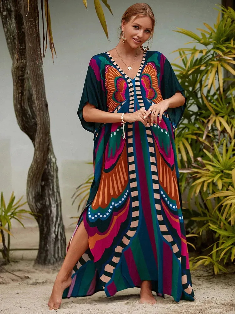 Bohemian Print Multicolor Beach Style Kaftan Maxi Dress - Swimsuit Cover-Up 2024