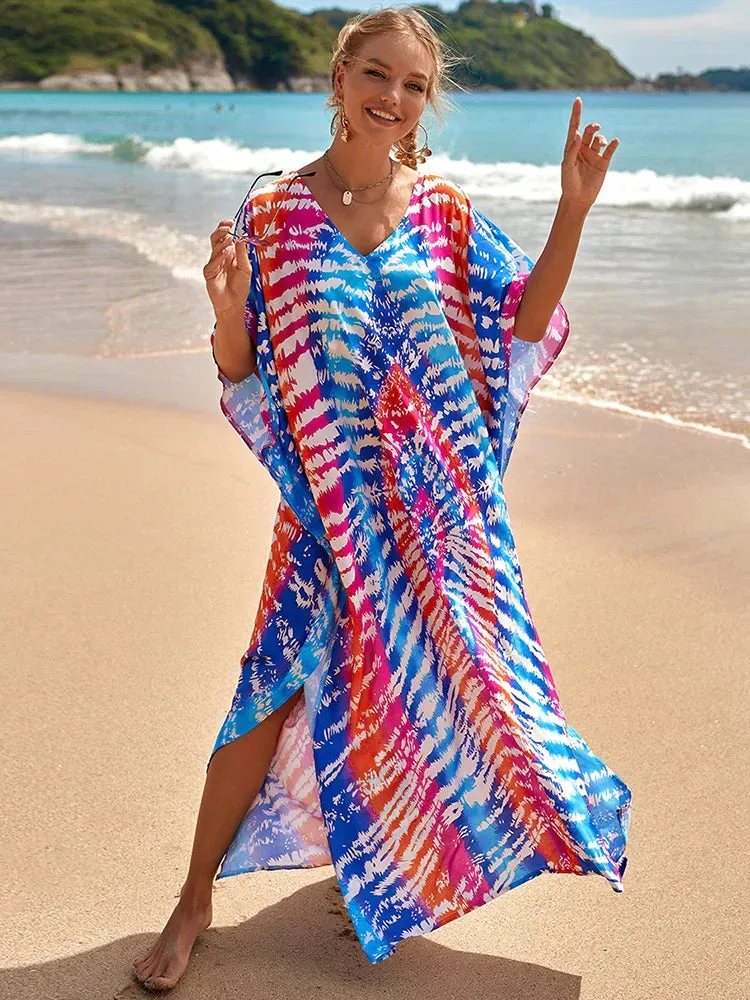 Bohemian Print Multicolor Beach Style Kaftan Maxi Dress - Swimsuit Cover-Up 2024