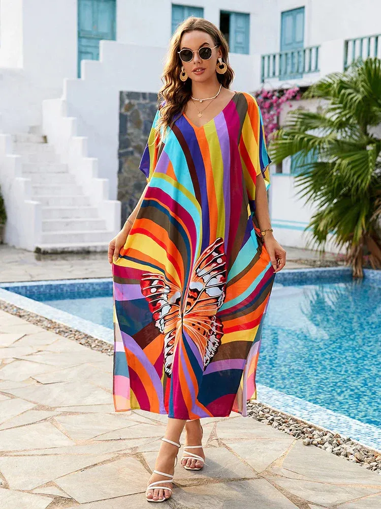 Bohemian Print Multicolor Beach Style Kaftan Maxi Dress - Swimsuit Cover-Up 2024