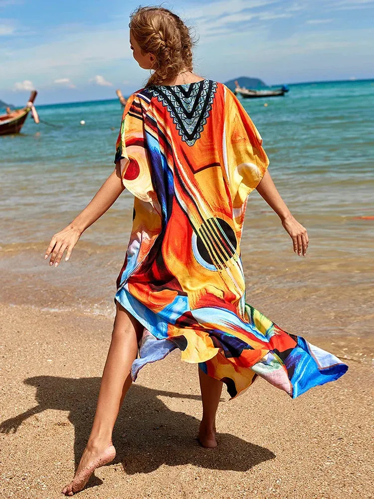 Bohemian Print Multicolor Beach Style Kaftan Maxi Dress - Swimsuit Cover-Up 2024