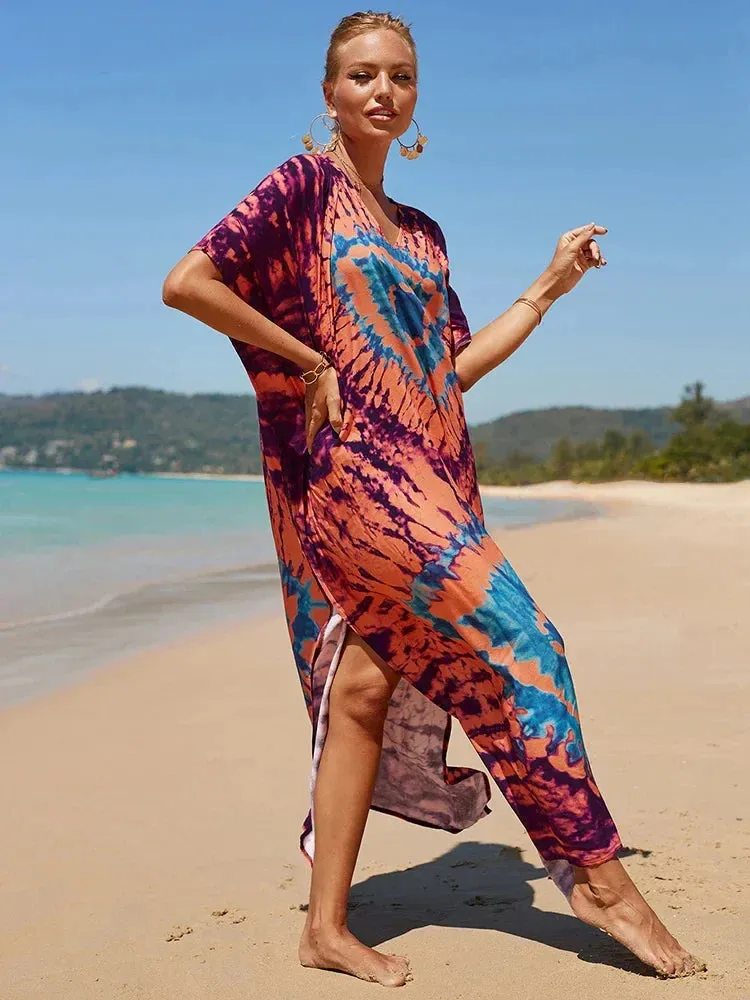 Bohemian Print Multicolor Beach Style Kaftan Maxi Dress - Swimsuit Cover-Up 2024