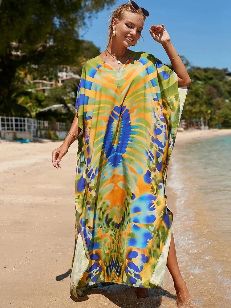 Bohemian Print Multicolor Beach Style Kaftan Maxi Dress - Swimsuit Cover-Up 2024