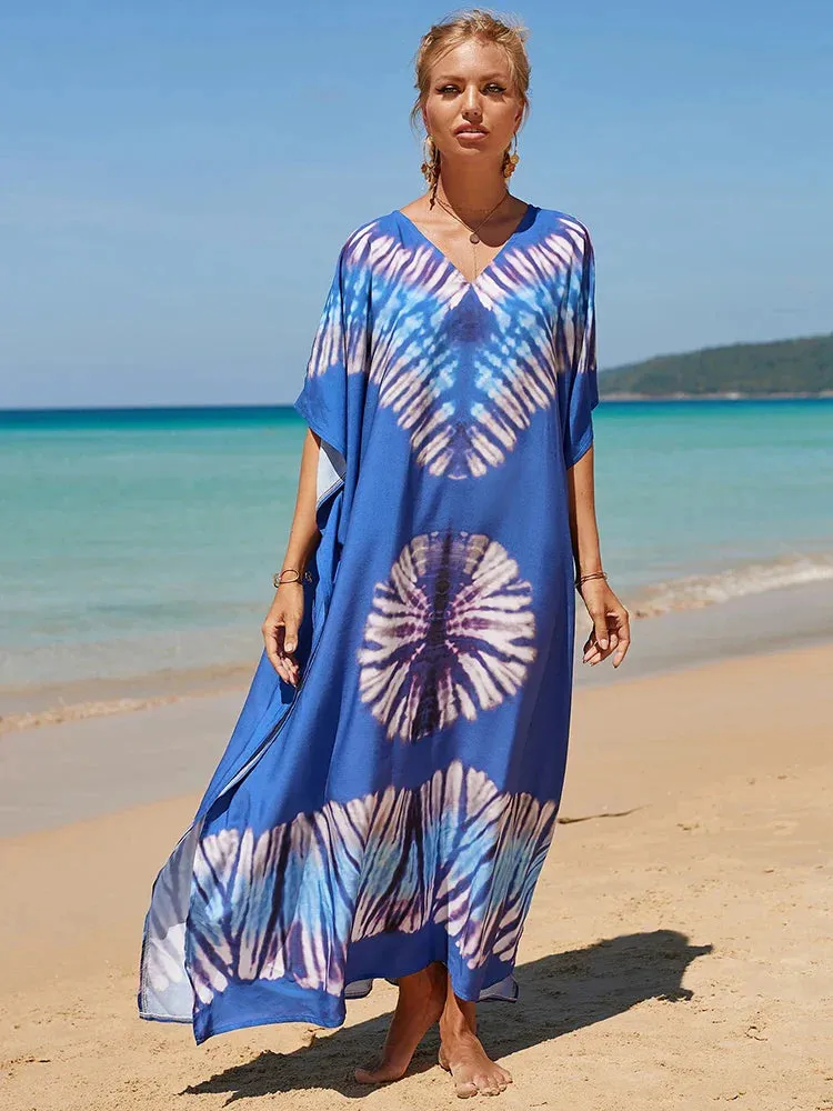 Bohemian Print Multicolor Beach Style Kaftan Maxi Dress - Swimsuit Cover-Up 2024