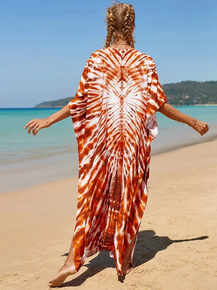 Bohemian Print Multicolor Beach Style Kaftan Maxi Dress - Swimsuit Cover-Up 2024