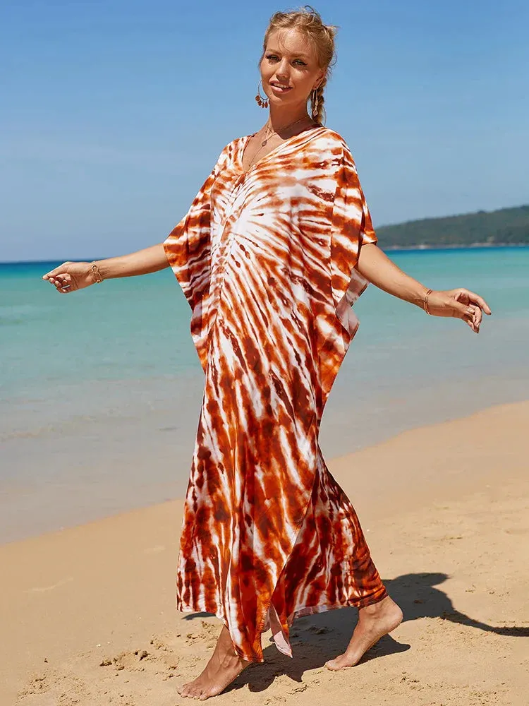 Bohemian Print Multicolor Beach Style Kaftan Maxi Dress - Swimsuit Cover-Up 2024