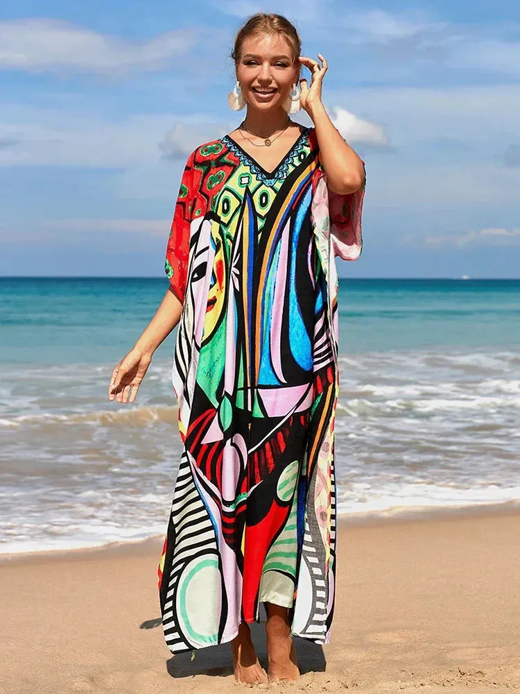 Bohemian Print Multicolor Beach Style Kaftan Maxi Dress - Swimsuit Cover-Up 2024