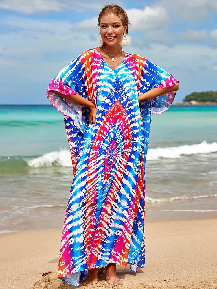 Bohemian Print Multicolor Beach Style Kaftan Maxi Dress - Swimsuit Cover-Up 2024