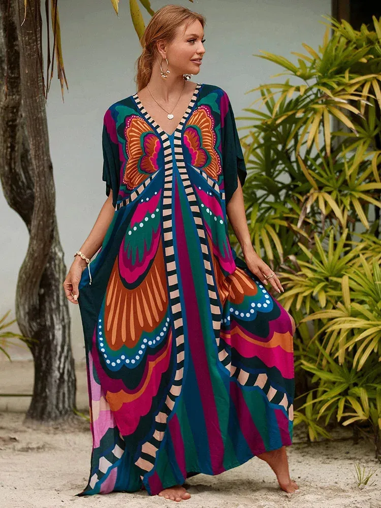 Bohemian Print Multicolor Beach Style Kaftan Maxi Dress - Swimsuit Cover-Up 2024