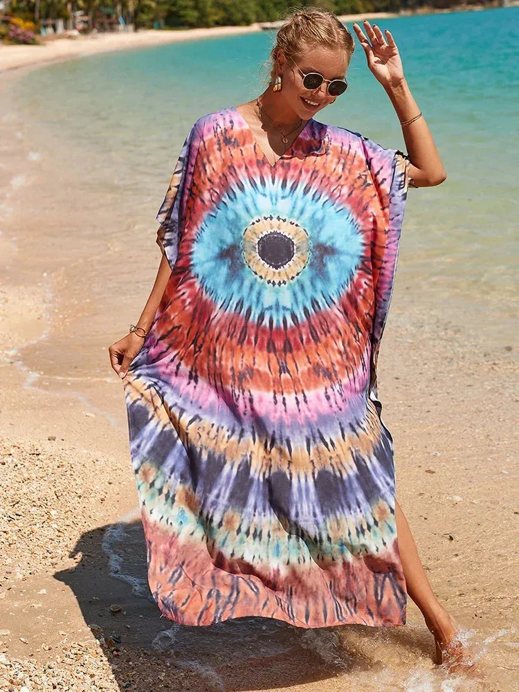 Bohemian Print Multicolor Beach Style Kaftan Maxi Dress - Swimsuit Cover-Up 2024