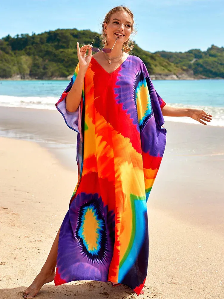 Bohemian Print Multicolor Beach Style Kaftan Maxi Dress - Swimsuit Cover-Up 2024