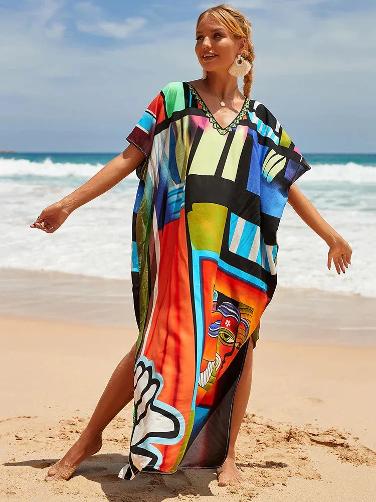 Bohemian Print Multicolor Beach Style Kaftan Maxi Dress - Swimsuit Cover-Up 2024