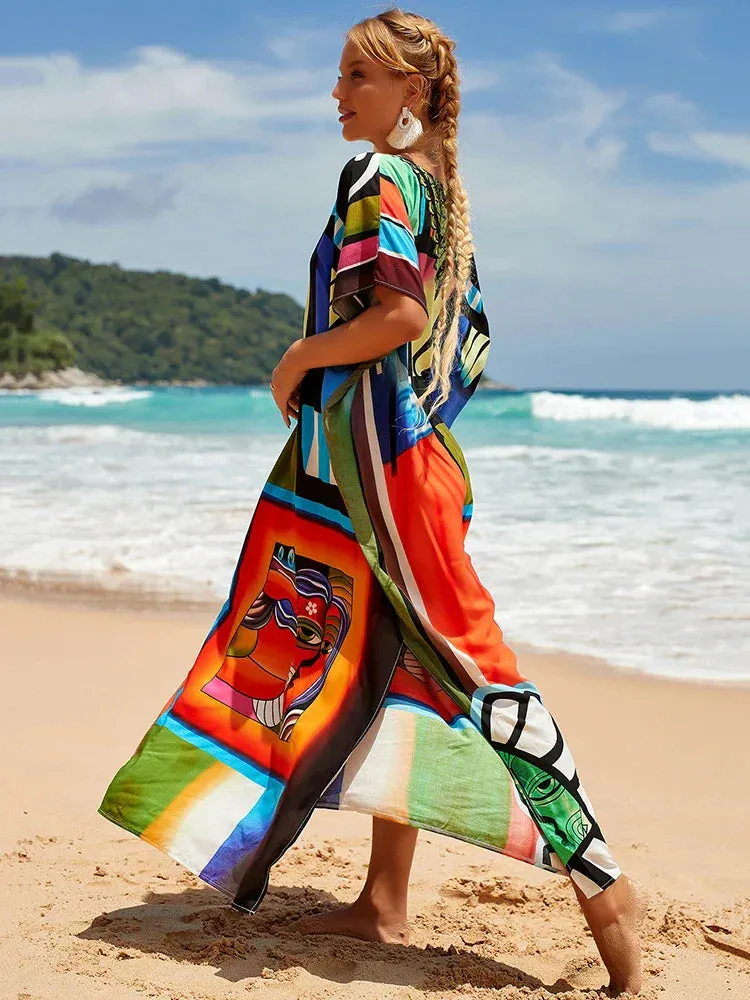 Bohemian Print Multicolor Beach Style Kaftan Maxi Dress - Swimsuit Cover-Up 2024