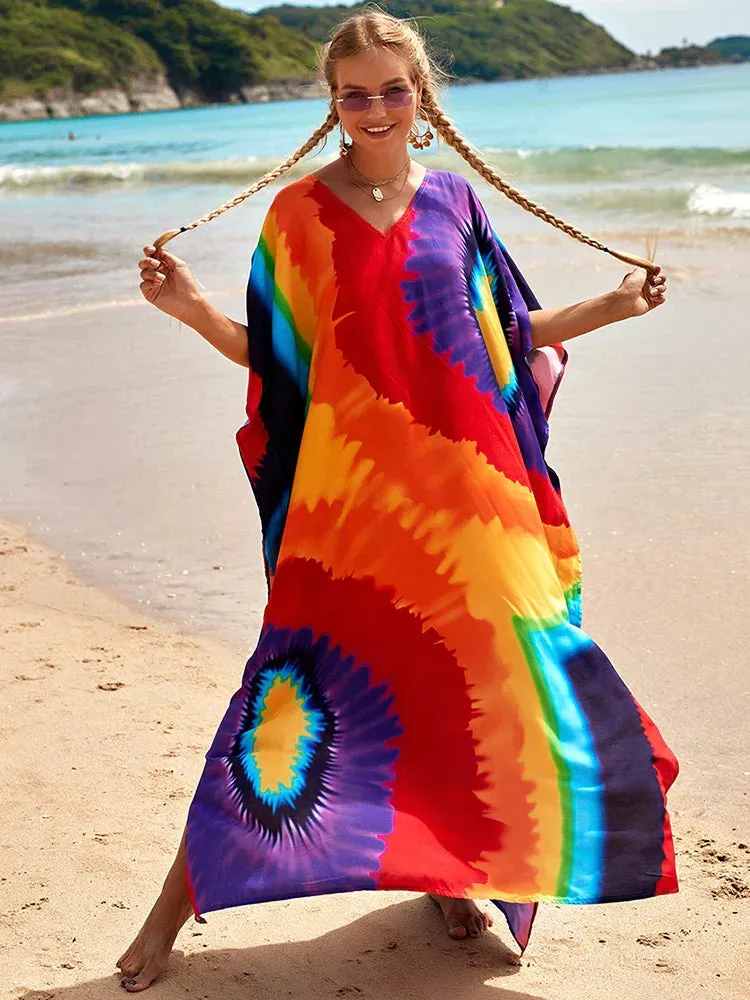 Bohemian Print Multicolor Beach Style Kaftan Maxi Dress - Swimsuit Cover-Up 2024