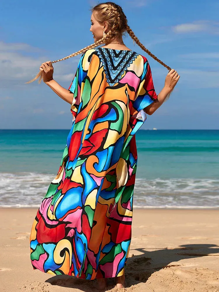 Bohemian Print Multicolor Beach Style Kaftan Maxi Dress - Swimsuit Cover-Up 2024