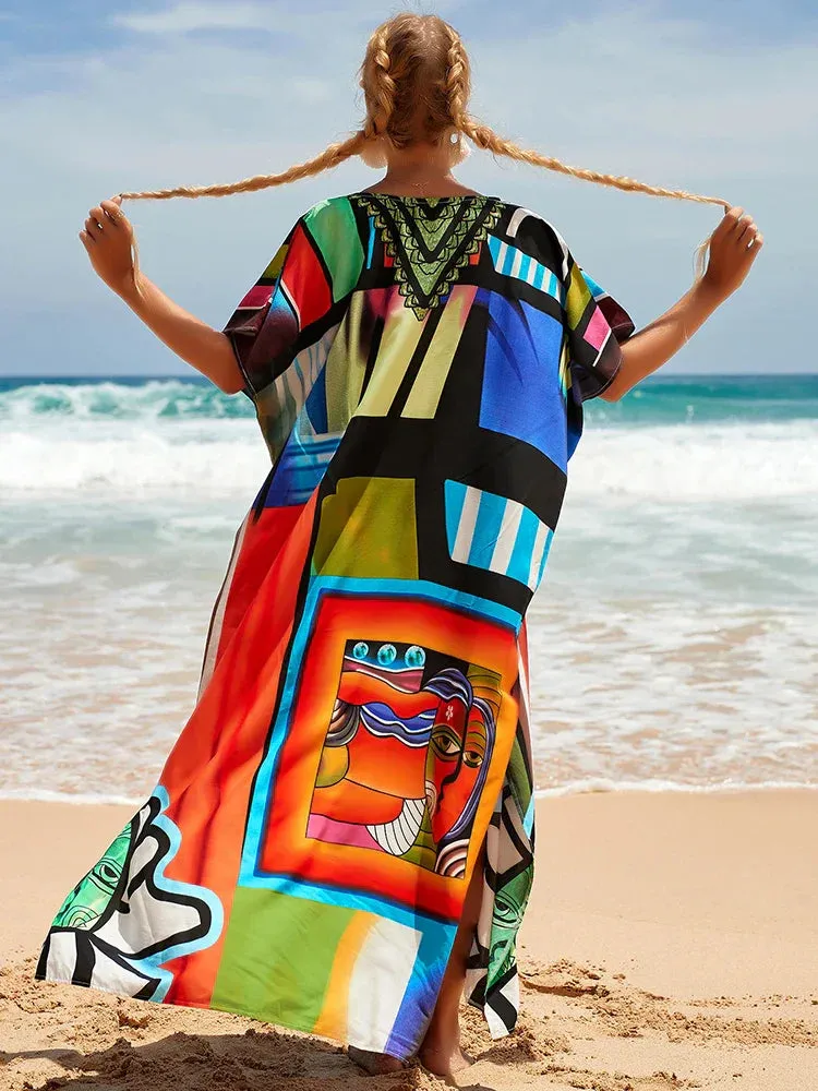 Bohemian Print Multicolor Beach Style Kaftan Maxi Dress - Swimsuit Cover-Up 2024