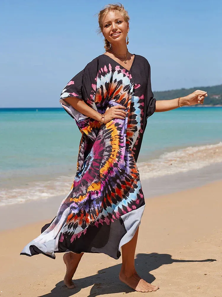 Bohemian Print Multicolor Beach Style Kaftan Maxi Dress - Swimsuit Cover-Up 2024