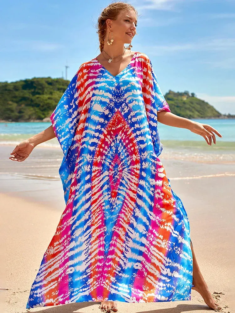 Bohemian Print Multicolor Beach Style Kaftan Maxi Dress - Swimsuit Cover-Up 2024